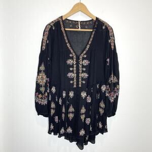 Free People Arianna Tunic Top Embroidered Womens XS Oversize Boho Festival Black